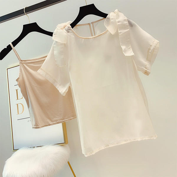 Cămașă de damă cu mâneci scurte și decor panglică în mai multe culori