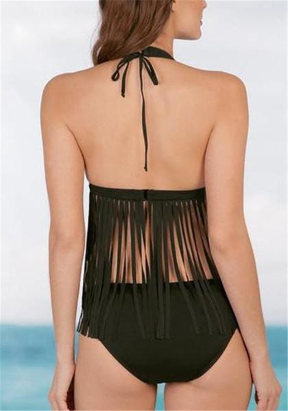 Costum de baie modern din două piese cu franjuri în negru