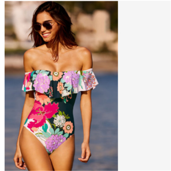 Κομψό μαγιό με floral πριντ και πεσμένα μανίκια