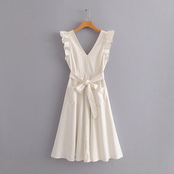 Rochie casual de dama cu decolteu in V si buzunare in alb