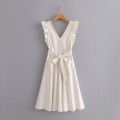 Rochie casual de dama cu decolteu in V si buzunare in alb