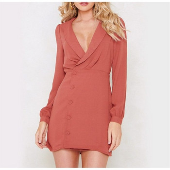 Стилна дамска рокля с V-образно деколте и дълъг ръкав в син и червен цвят