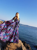 Rochie lunga de dama cu motive florale in mov si verde