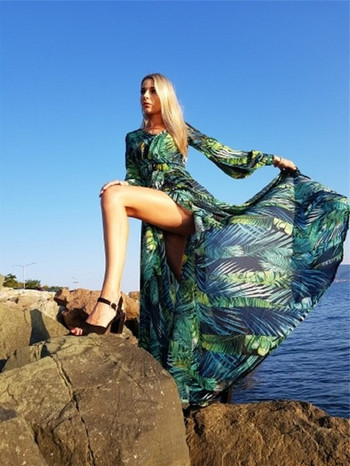 Rochie lunga de dama cu motive florale in mov si verde