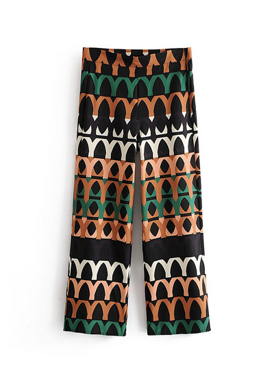 Дамски дълъг и широк панталон с цип и стандартна талия с десен 