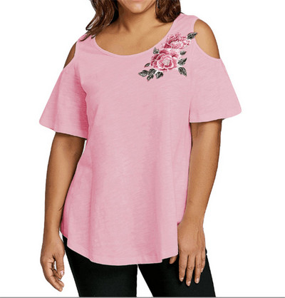 Tricou de dama modern cu umerii deschisi si broderie florala in trei culori