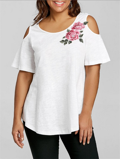 Модерна дамска тениска с отворени рамене и флорална бродерия в три цвята