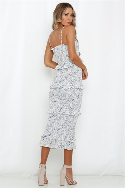 Rochie elegantă de damă cu bretele subțiri cu model alb și floral