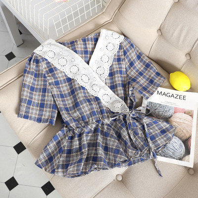 Cămașă damă în carouri cu dantelă în două culori