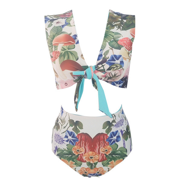 Costum de baie modern din două piese cu pantaloni cu talie înaltă în două culori