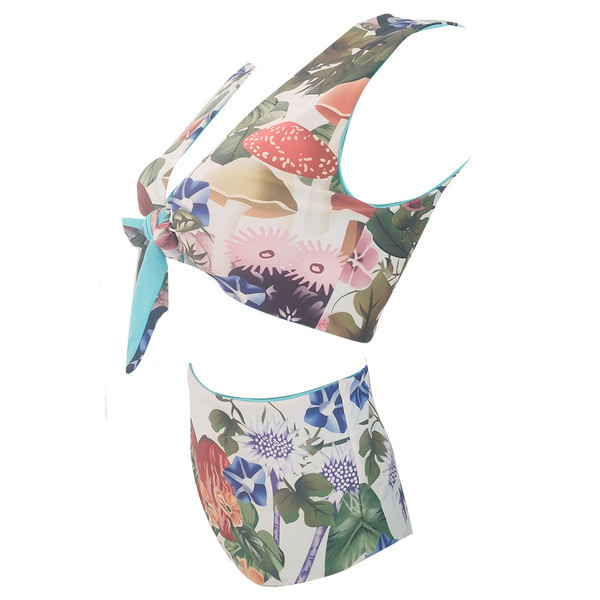 Costum de baie modern din două piese cu pantaloni cu talie înaltă în două culori