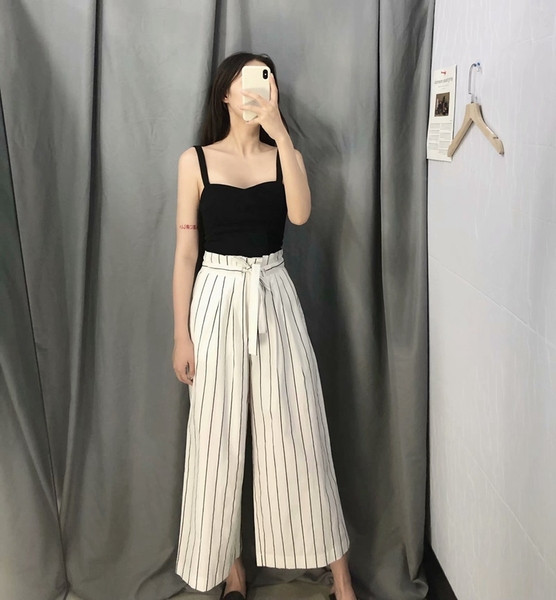 Pantaloni largi de damă cu dungi cu cravată în talie în alb