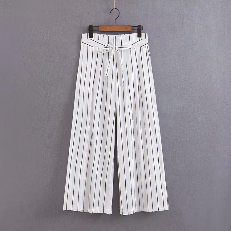 Pantaloni largi de damă cu dungi cu cravată în talie în alb