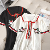 Rochie moderna de dama cu guler si broderie alb-negru