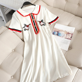 Rochie moderna de dama cu guler si broderie alb-negru