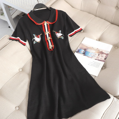 Rochie moderna de dama cu guler si broderie alb-negru