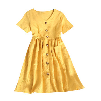 Model actual de rochie de dama cu nasturi in verde, galben si alb