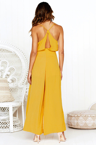 Salopetă lungă de damă elegantă, în galben și violet