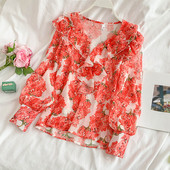 Cămașă modernă de damă cu mâneci lungi și model floral în roșu