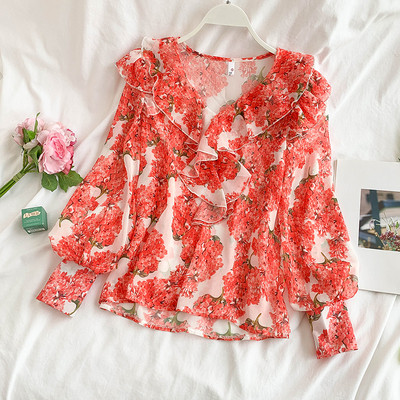 Cămașă modernă de damă cu mâneci lungi și model floral în roșu