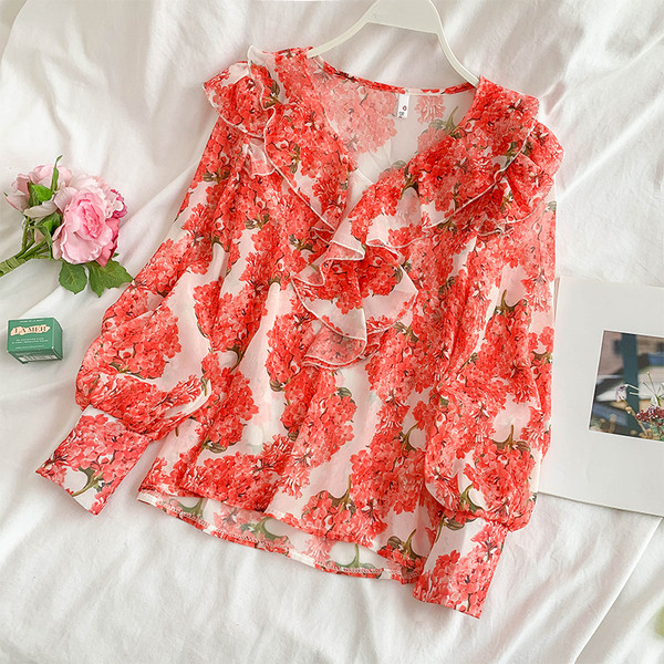 Cămașă modernă de damă cu mâneci lungi și model floral în roșu