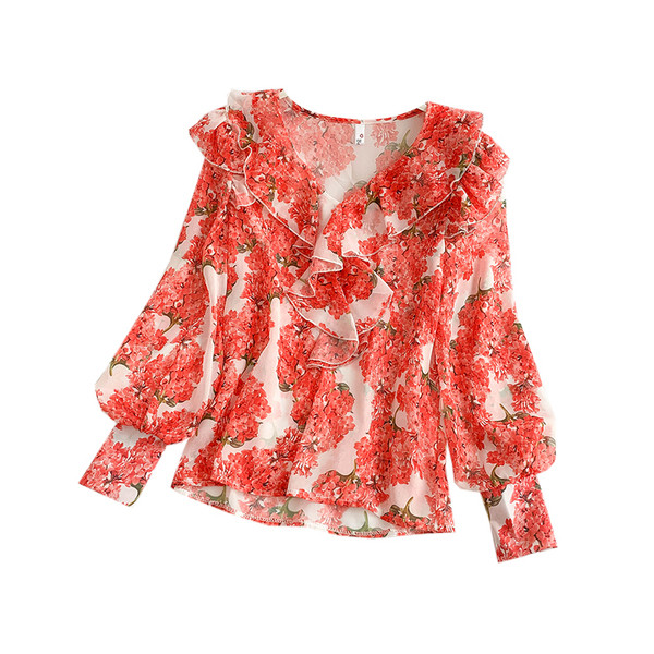 Cămașă modernă de damă cu mâneci lungi și model floral în roșu