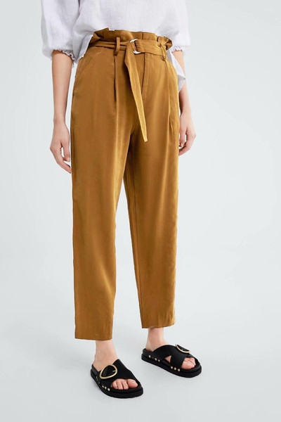 Pantaloni casual dama cu centura in talie de culoare maro