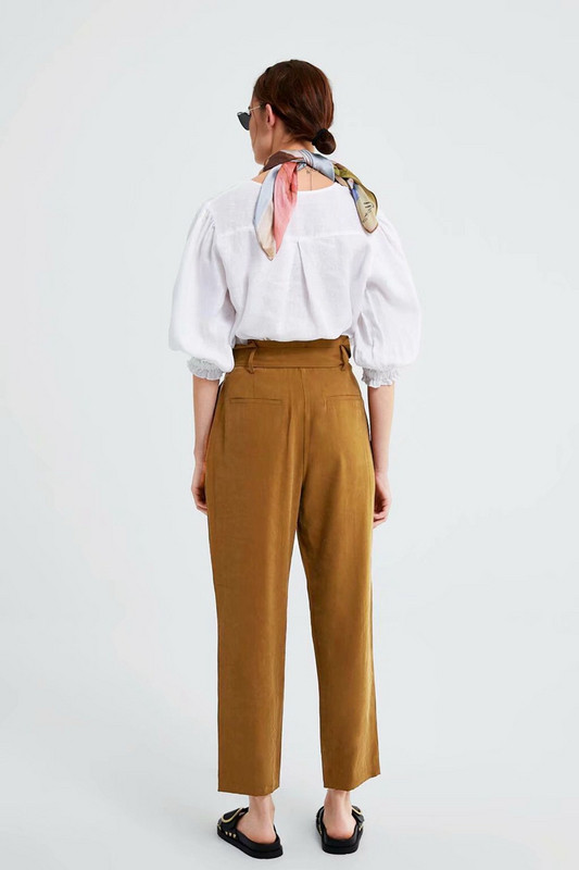 Pantaloni casual dama cu centura in talie de culoare maro