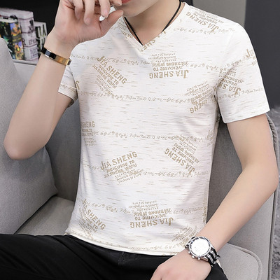 Модерна мъжка тениска с надписи и V-образно деколте