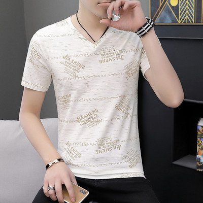 Tricou modern pentru bărbați cu inscripții și decolteu în V