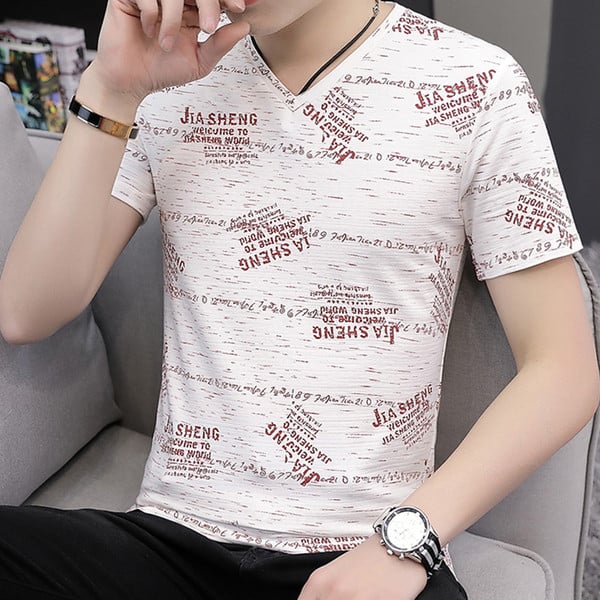 Tricou modern pentru bărbați cu inscripții și decolteu în V