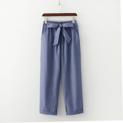 Pantaloni casual albastri cu elastic si cravata in talie