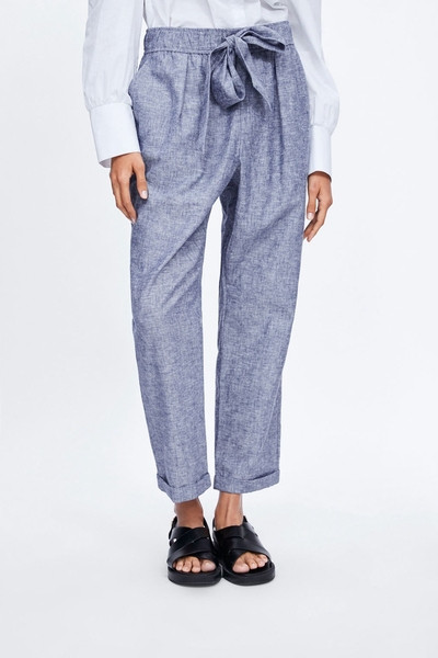 Pantaloni casual albastri cu elastic si cravata in talie