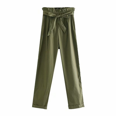 Pantaloni de dama cu talie inalta si cravate in verde