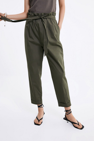 Дамски панталон с висока талия и връзки в зелен цвят