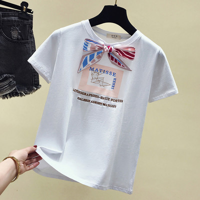 Ежедневна дамска тениска с панделка и щампа в няколко цвята