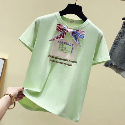 Ежедневна дамска тениска с панделка и щампа в няколко цвята