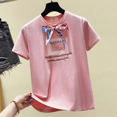 Ежедневна дамска тениска с панделка и щампа в няколко цвята