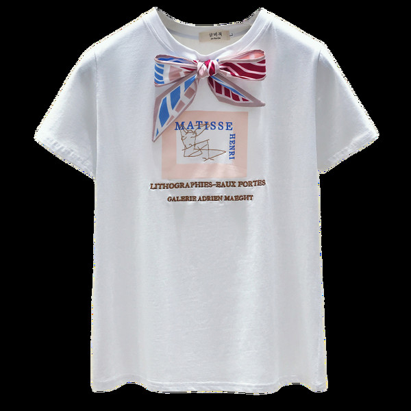 Ежедневна дамска тениска с панделка и щампа в няколко цвята