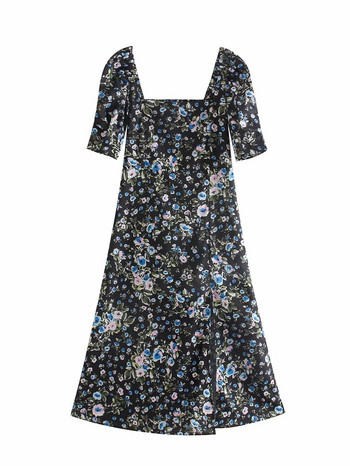 Rochie casual de dama cu decolteu patrat si maneci scurte cu model floral