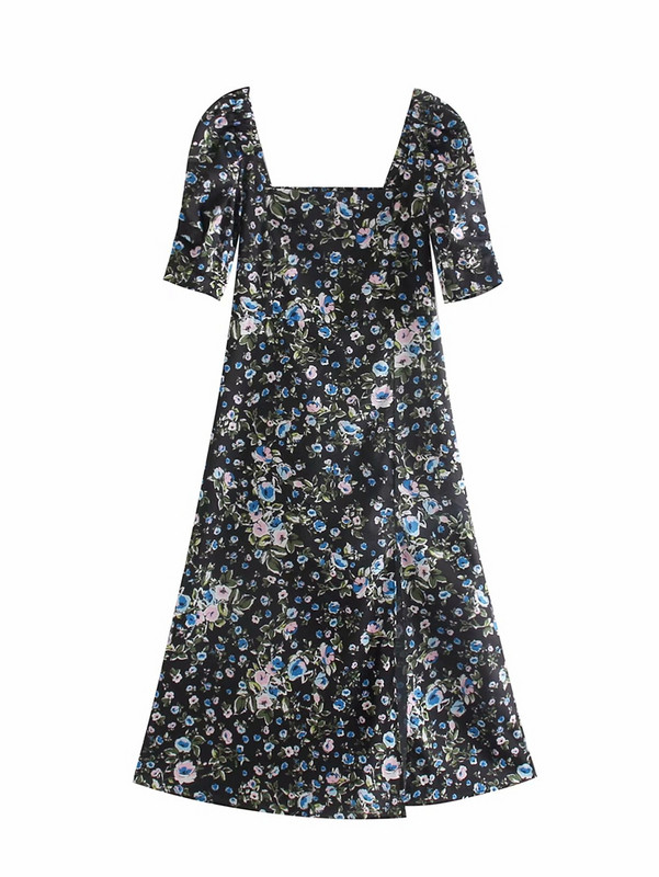 Rochie casual de dama cu decolteu patrat si maneci scurte cu model floral