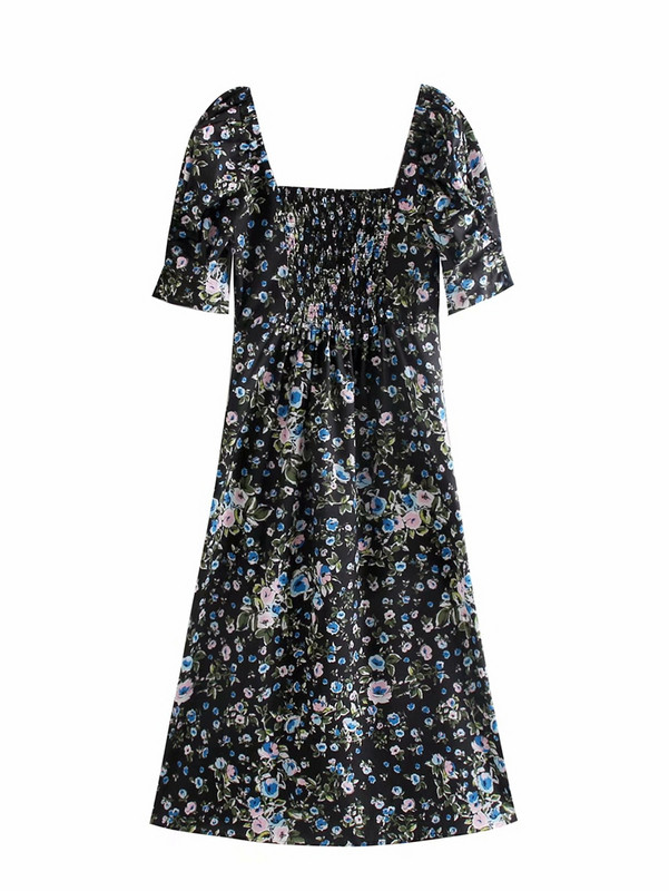 Rochie casual de dama cu decolteu patrat si maneci scurte cu model floral