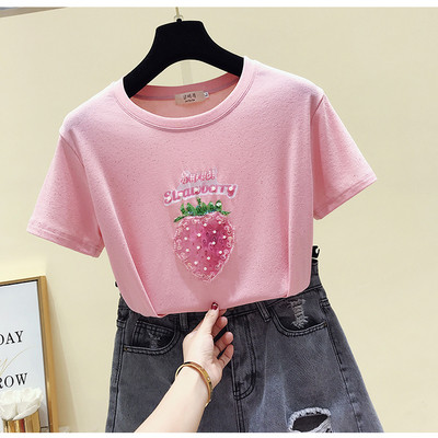 Ежедневна дамска тениска с апликация и перли в няколко цвята