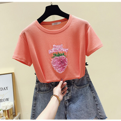 Ежедневна дамска тениска с апликация и перли в няколко цвята