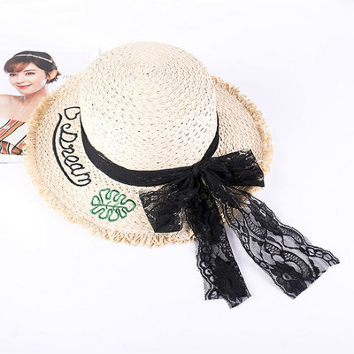 Модерна дамска плажна шапка с дантелена панделка и надпис