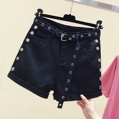 Къси дамски панталони с висока талия и колан в черен цвят