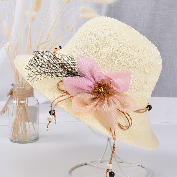 Pălărie de plajă pentru femei cu element de flori 3D în patru culori
