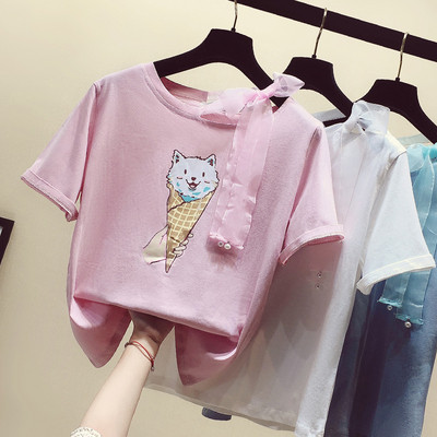 Tricou dama model nou cu aplicatie si panglica in mai multe culori