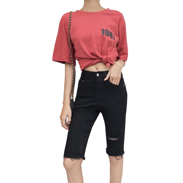 Pantaloni scurți din denim cu motive rupte în negru și albastru