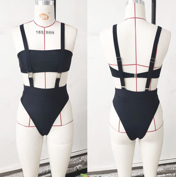 Model nou de costum de baie modern în două părți în negru și albastru